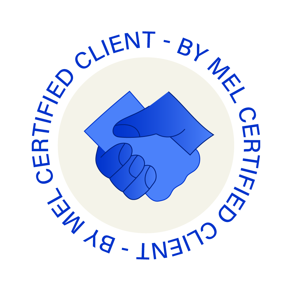 A handshake symbol in blue with circular text around it that reads "MeCertified Client - By Mel Cerdified Client".