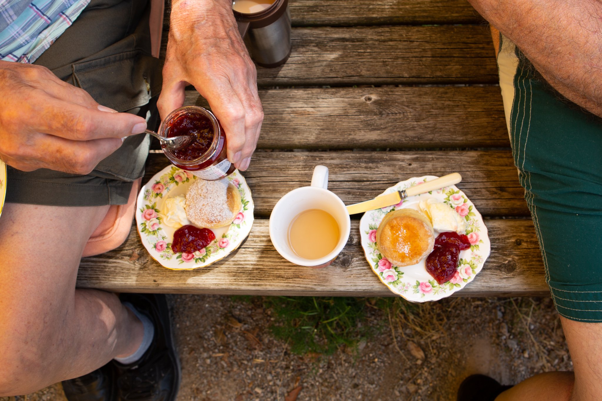 In Jolly Good Company - Cream Tea at the allotment - Brian and Terry adding jam.jpg