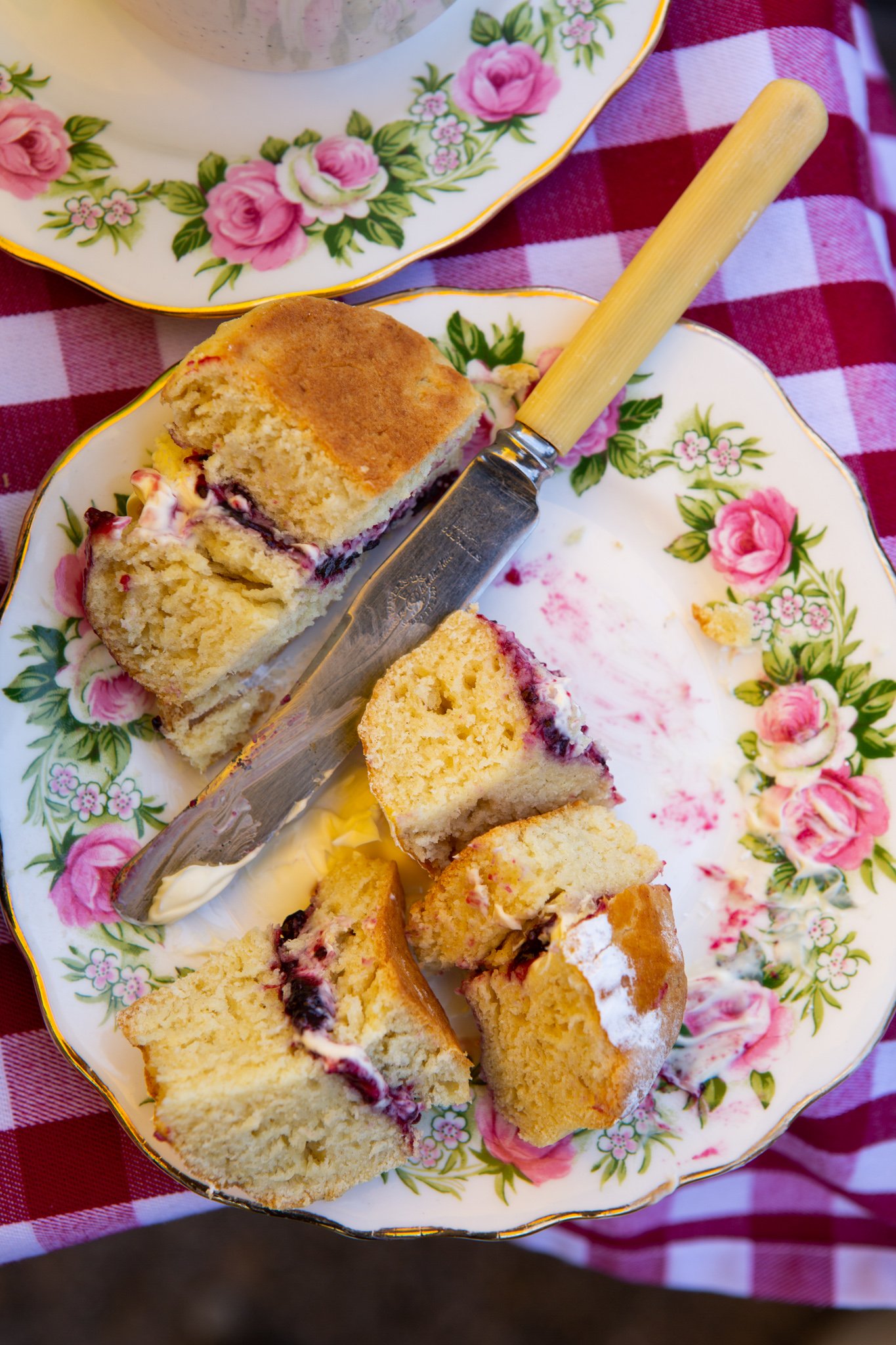 In Jolly Good Company - Cream Tea at the allotment - scone and jam and cream cut up.jpg