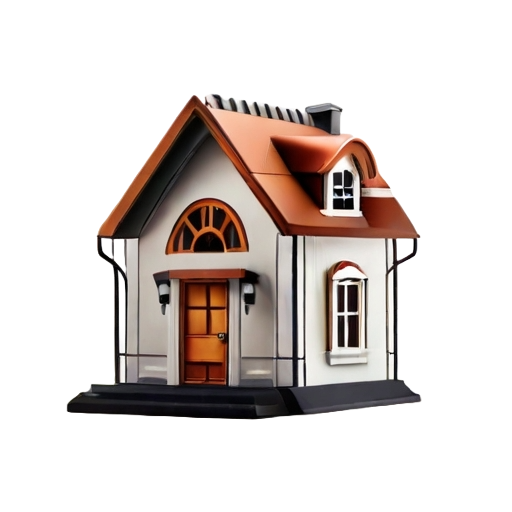 A decorative model of a house with a white exterior, brown roof, and black accents on a black base.