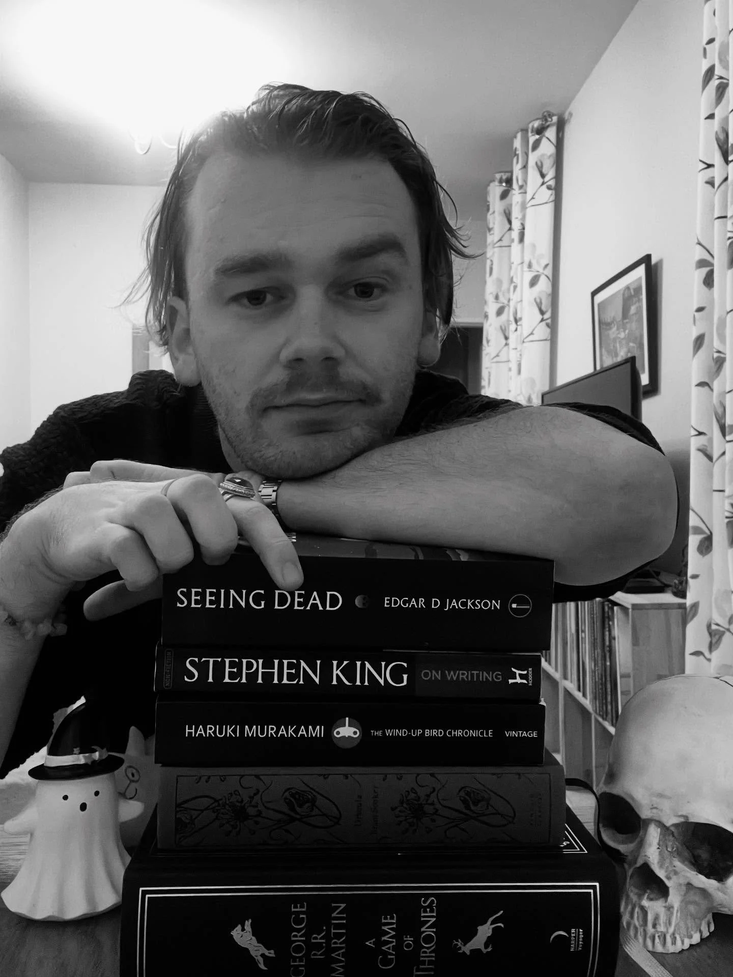 Black book stack! Had some nighttime-y pictures in my gallery, so thought I&rsquo;d couple them with some of the black books in my collection. Was I vain enough to include my own book in this stack? Yes. Yes I was. The spine is black, people!

#black