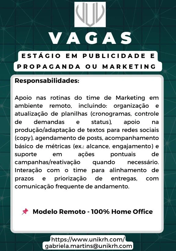 Vaga Estágio em Publicidade e Propaganda ou Marketing