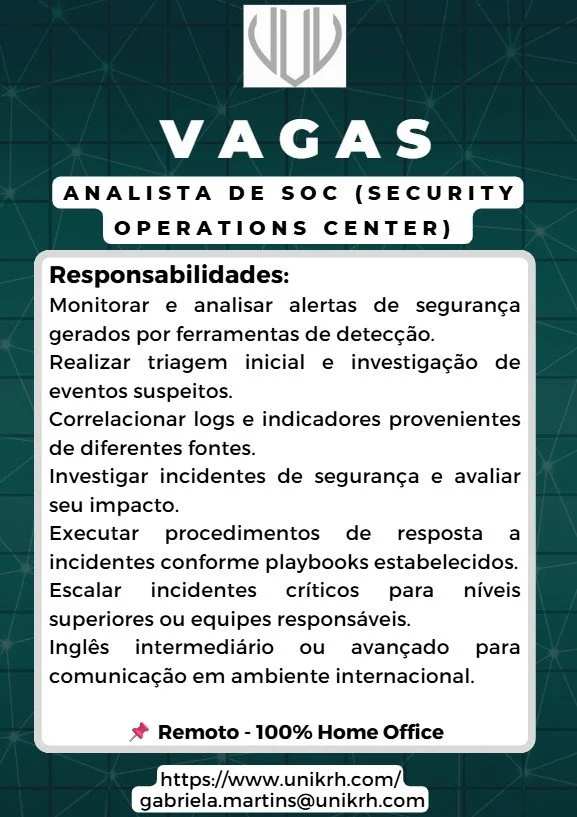 Vaga Analista de SOC (Security Operations Center)
