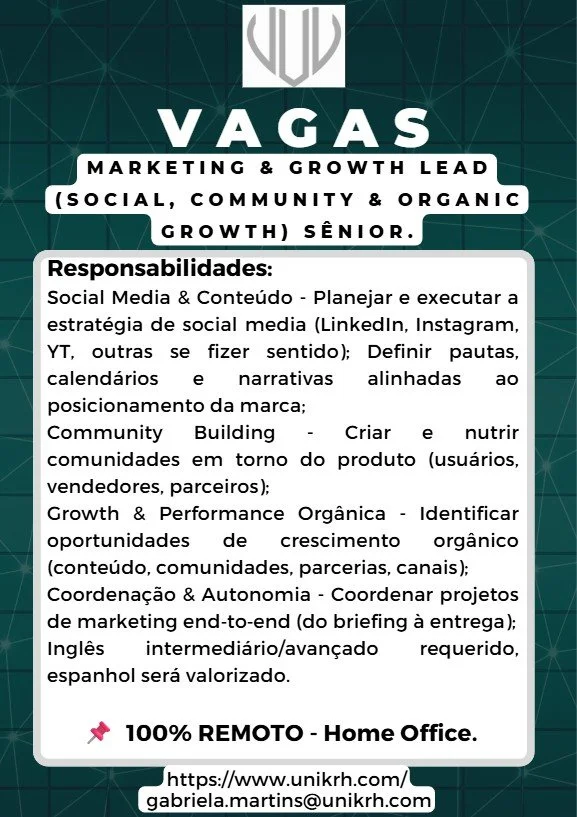 Vaga Marketing & Growth Lead (Social, Community & Organic Growth) Sênior