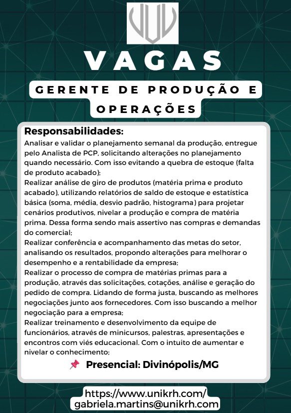 Vaga: Gerente de Produção e Operações