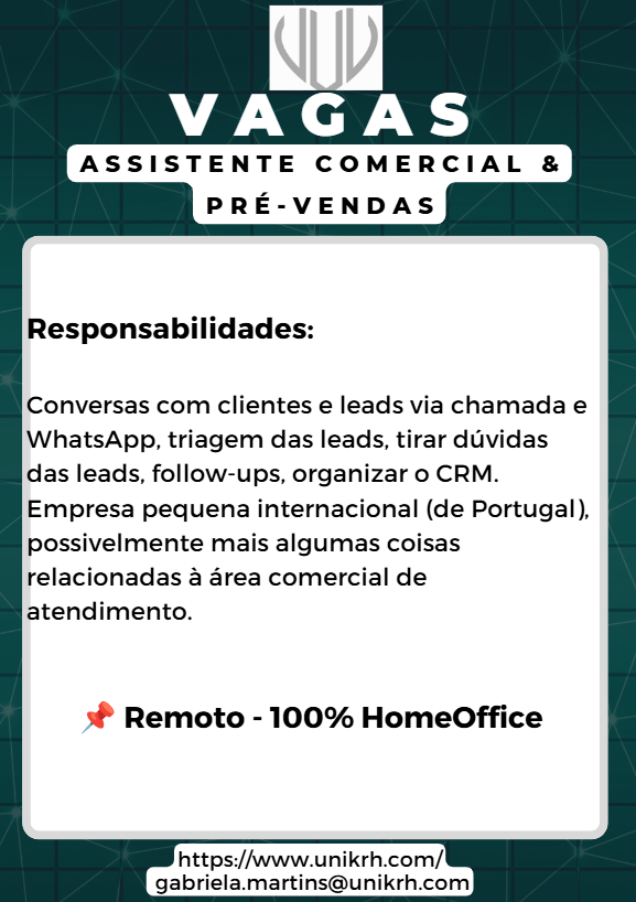 Vaga Assistente Comercial & Pré‑Vendas