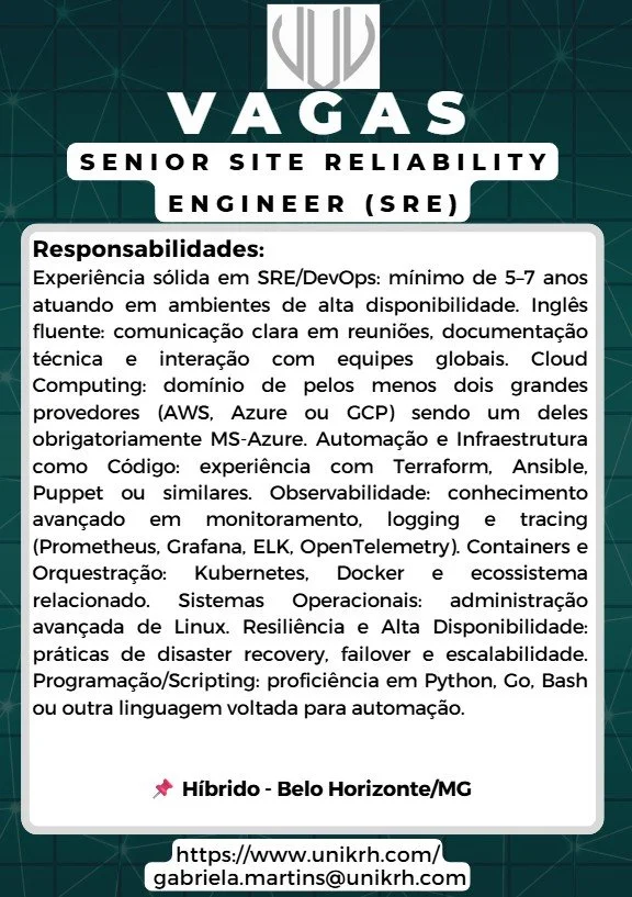 Vaga Senior Site Reliability Engineer (SRE)