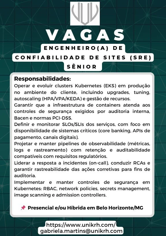 Vaga Engenheiro de Confiabilidade de Sites SRE Sênior