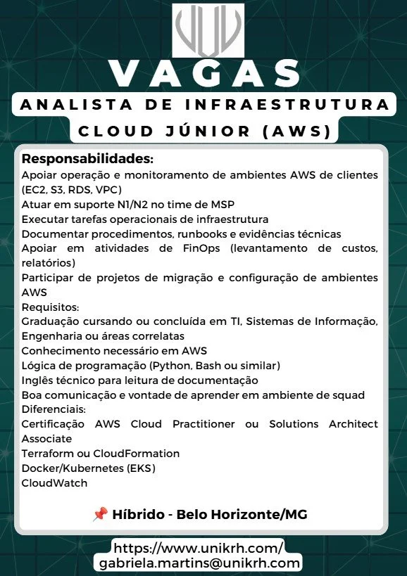 Vaga Analista de Infraestrutura Cloud Júnior (AWS)
