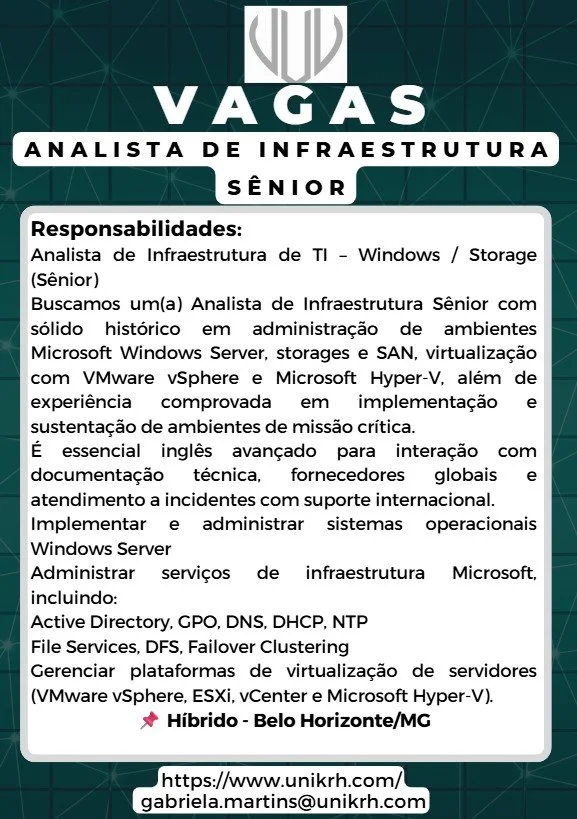 Vaga Analista de Infraestrutura Sênior 