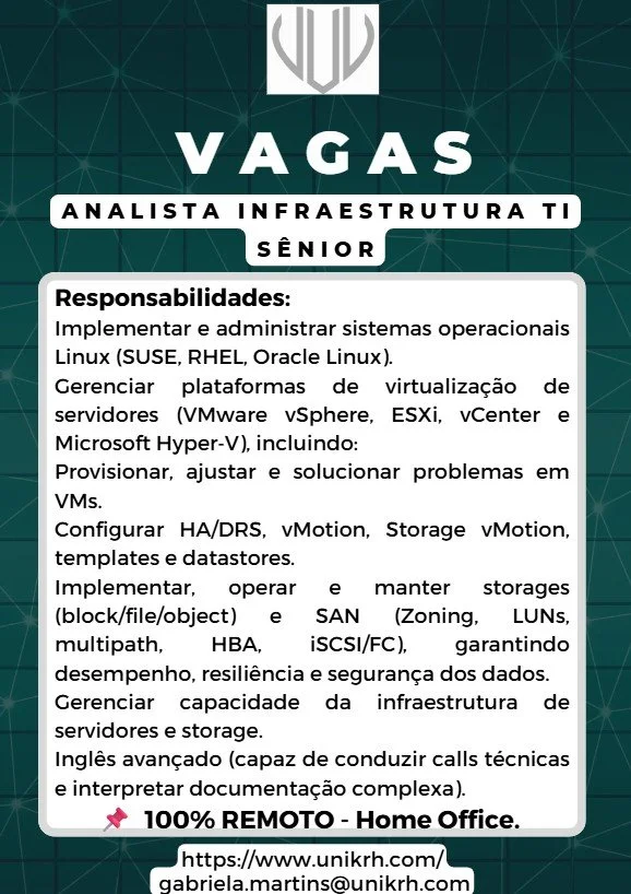 Vaga Analista Infraestrutura TI Sênior