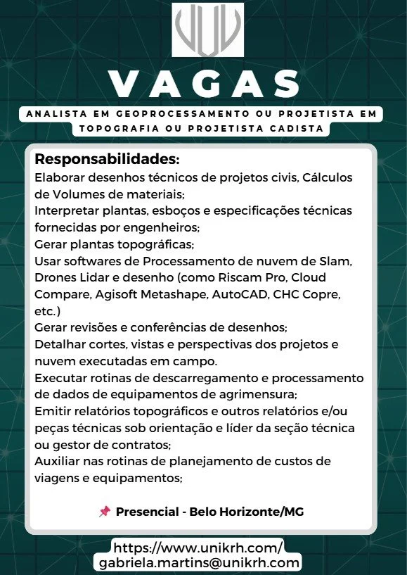 Vaga Analista em Geoprocessamento ou Projetista em Topografia ou Projetista Cadista