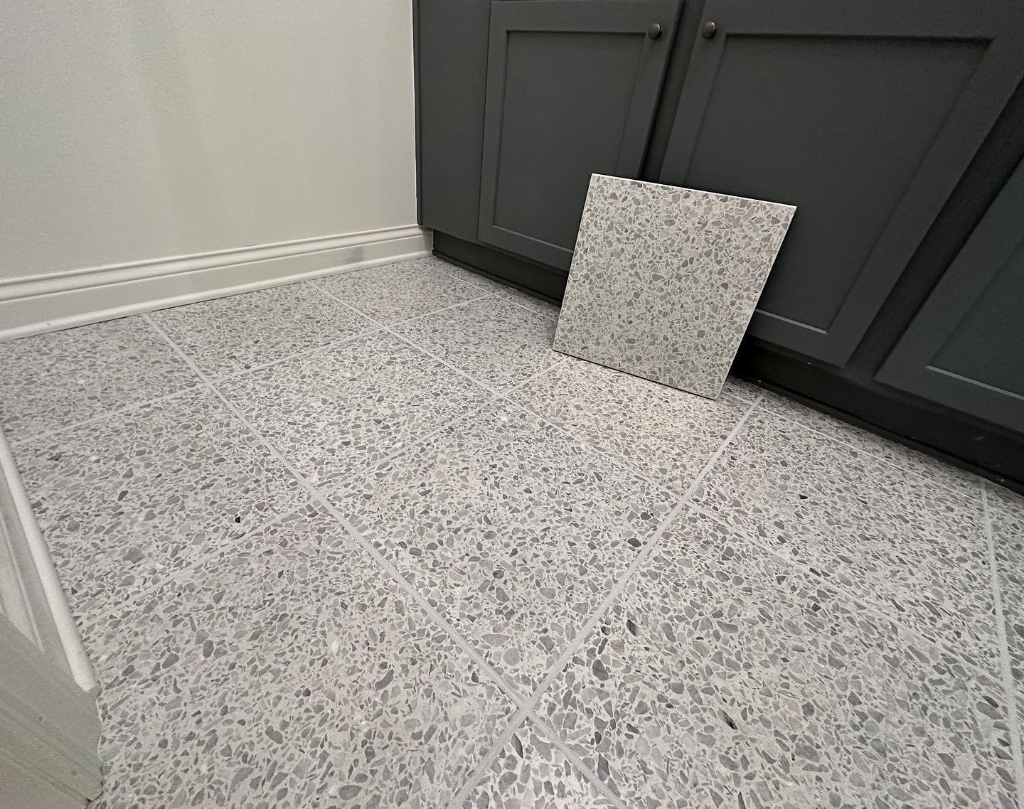 I absolutely LOVE terrazzo tile ! Anytime I get to install this, I&rsquo;m excited before tile is even laid. This is a concrete 3/4&rdquo; thick wet pressed terrazzo from the tile shop. It was laid over blanke Permat for a lifelong installation. Laun