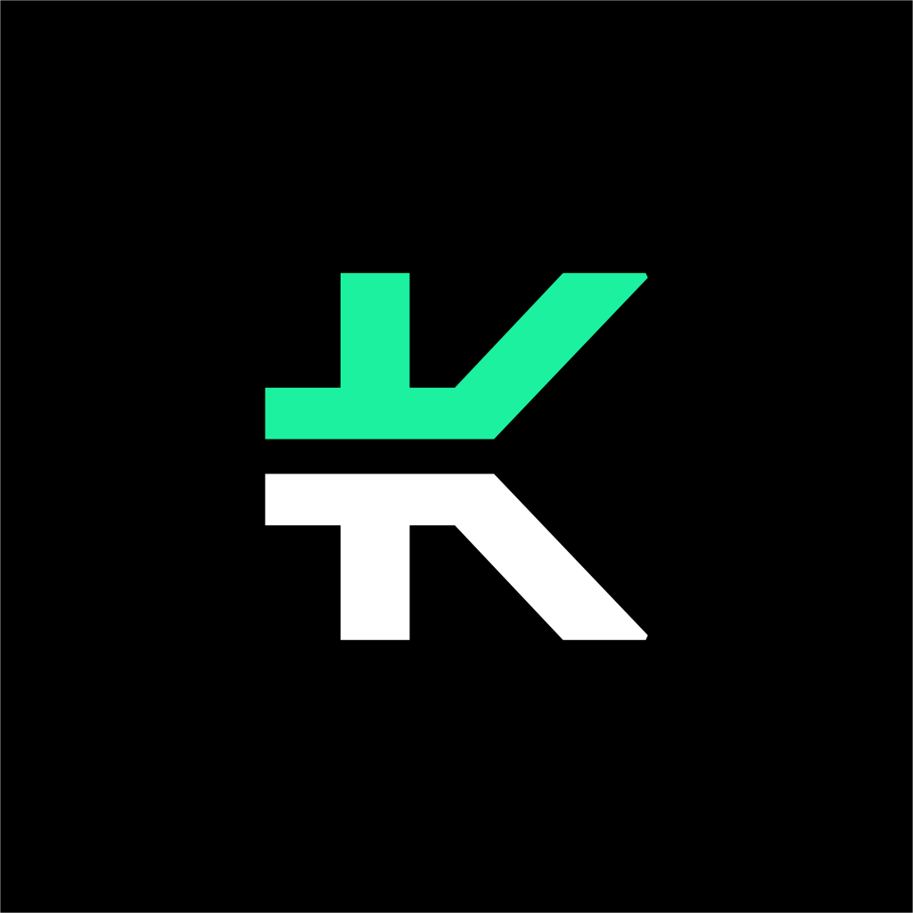 A stylized letter 'K' logo in green and white on a black background.
