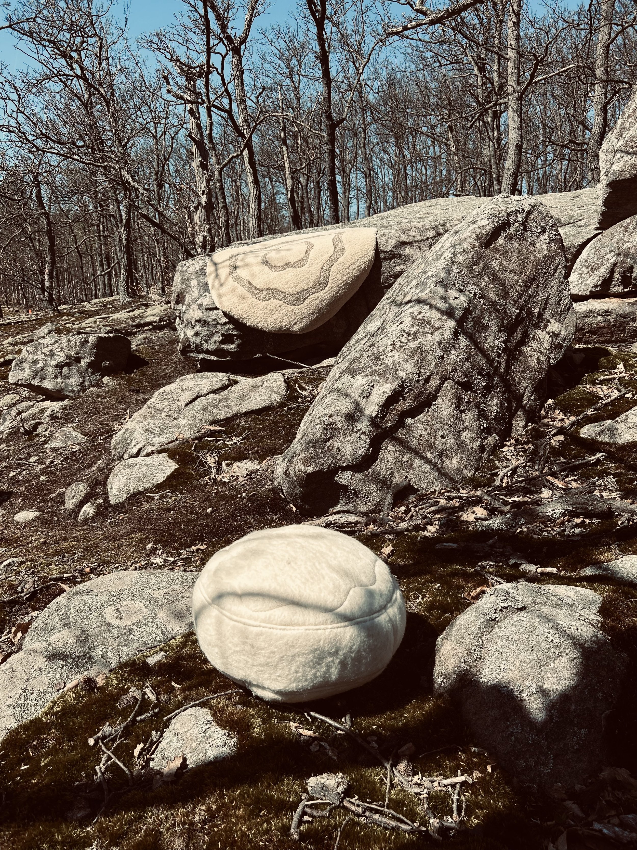 Two decorated stones, one resembling a round cream-colored plush with a seam, and the other a flat, patterned rock, in a natural rocky woodland landscape with leafless trees and clear blue sky.