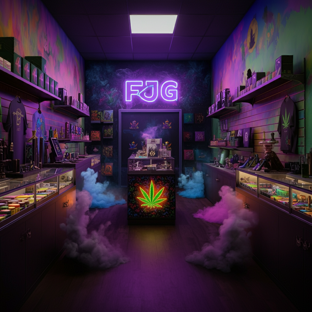 Interior design of a neon cannabis dispensary with smoke shop products different