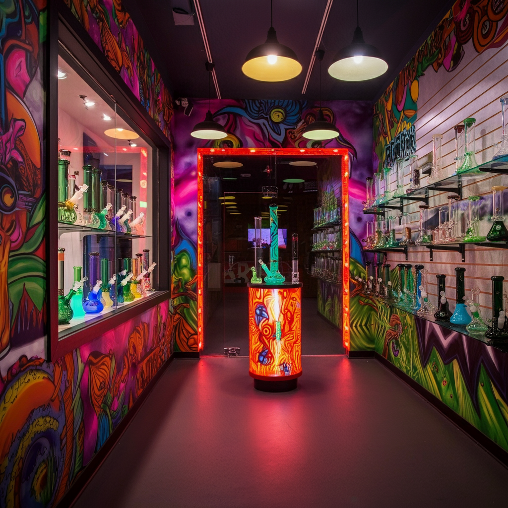 Trippy Smoke Shop show casing bong glassware and glass pipes