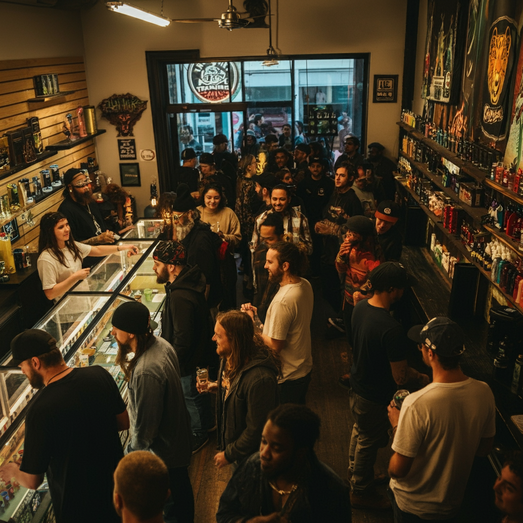 Crowd of people inside a tattoo shop, some waiting to get tattoos, others chatting or buying products. Shelves with colorful products and tattoo art on the walls.