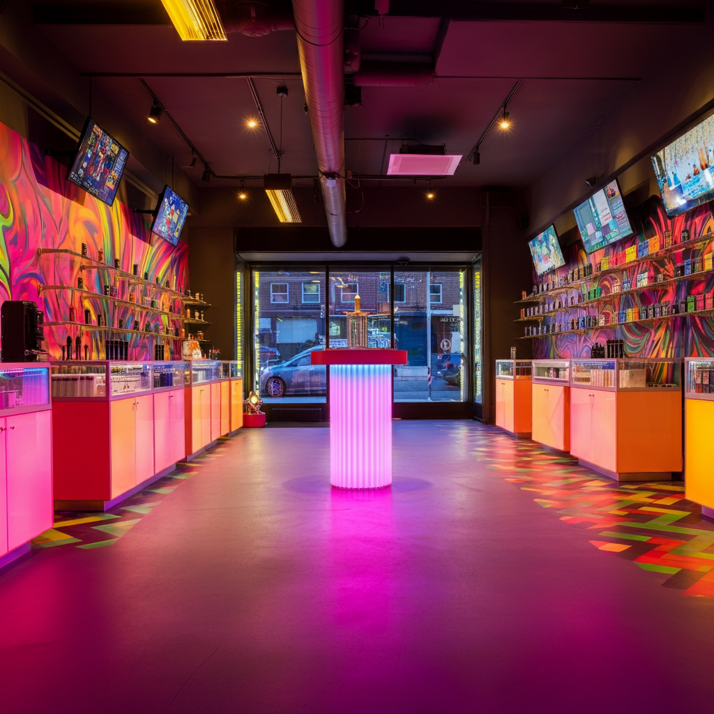 Modern Interior design of a head shop with disposable vape products on shelf