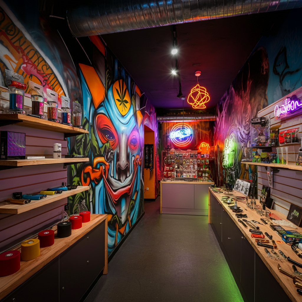 Vape shop displaying different grinders, wood pipes, container jars with a graffiti artwork on the wall