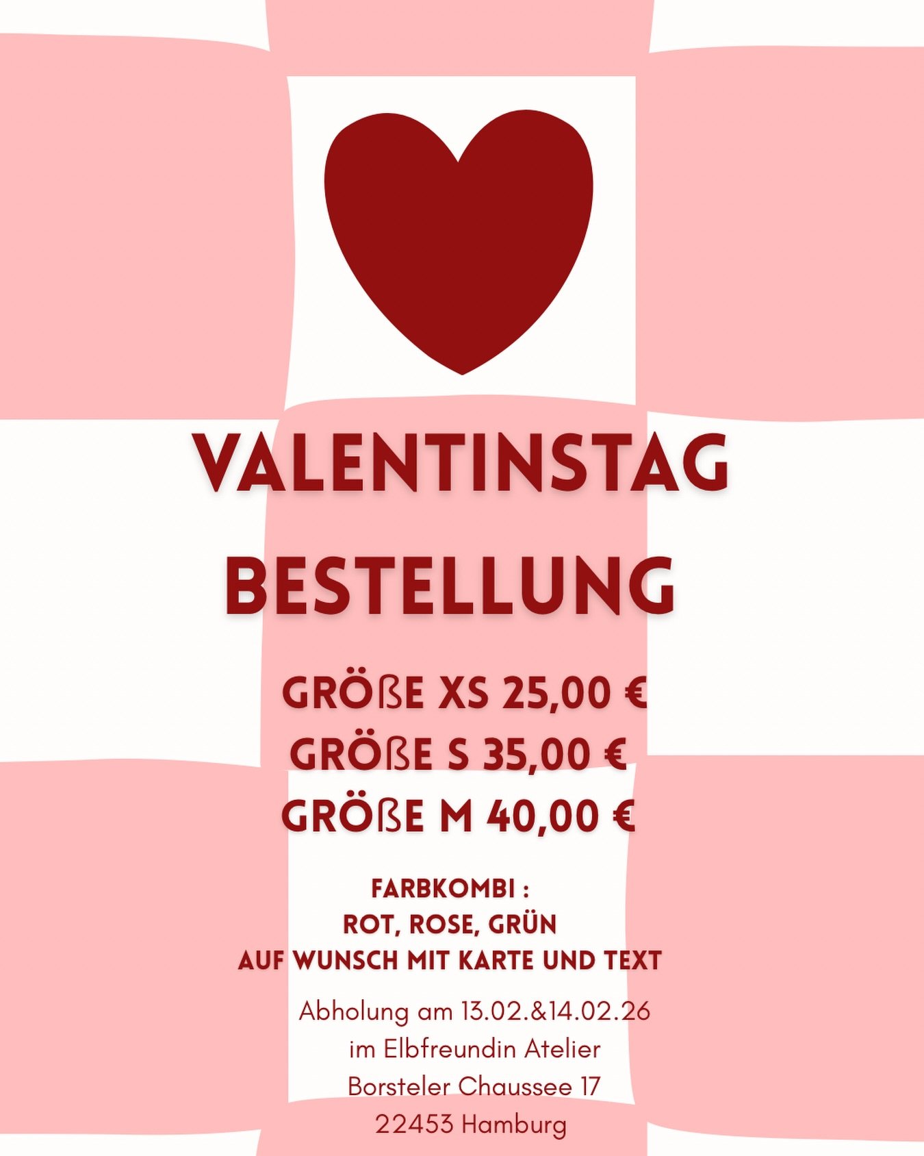 ❤️ Liebe verschenken zum Valentinstag ❤️ 
Bestelle jetzt deinen Strau&szlig; vor und lass die Bl&uuml;mchen sprechen. 
Individuelle W&uuml;nsche k&ouml;nnt ihr auch gern abgeben. 
Wir wollen Herzen h&ouml;her schlagen lassen. 
 
PS: gern weiter sagen
