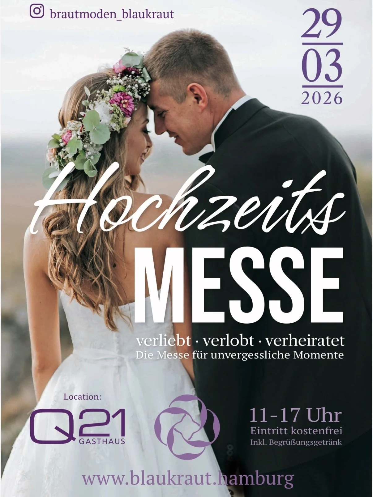 Besucht uns auf der Hochzeitsmesse am 29.03.26 von 11-17 Uhr im @q21gasthaus und @brautmoden_blaukraut 

Es wird eine kleine, feine Messe mit Fokus auf euch und guten Gespr&auml;chen. 
Der Eintritt ist frei und es gibt ein Begr&uuml;&szlig;ungsgetr&a
