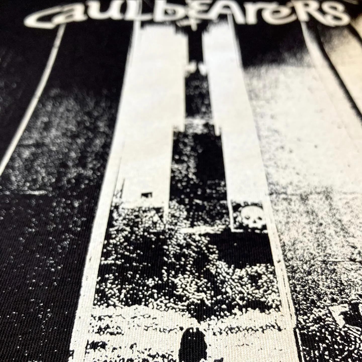 Tees for @caulbearers 🖤

White, waterbased ink on Bella Canvas threads.