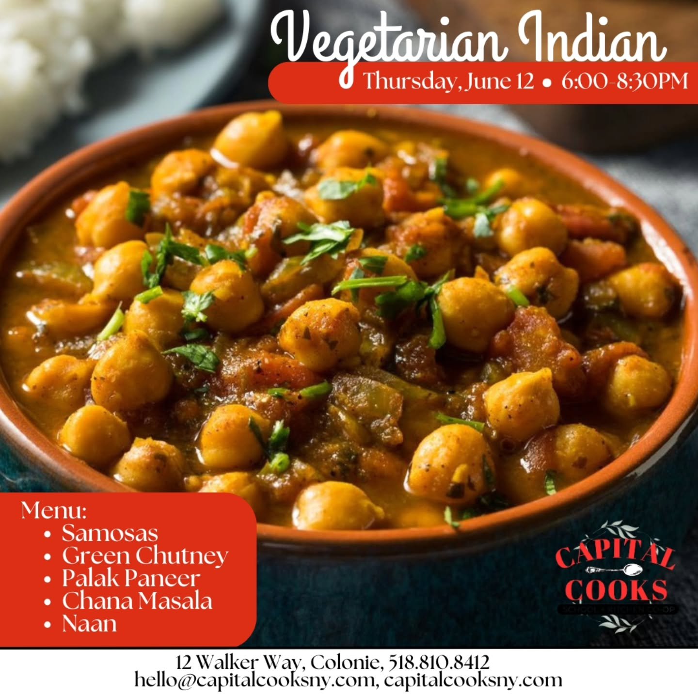 Come learn how to build flavor using classic Indian spices and with all vegetarian ingredients. Register now using the link in our bio!

#capitalcooks #capitalcooksny #518foodies #518 #yelpalbany