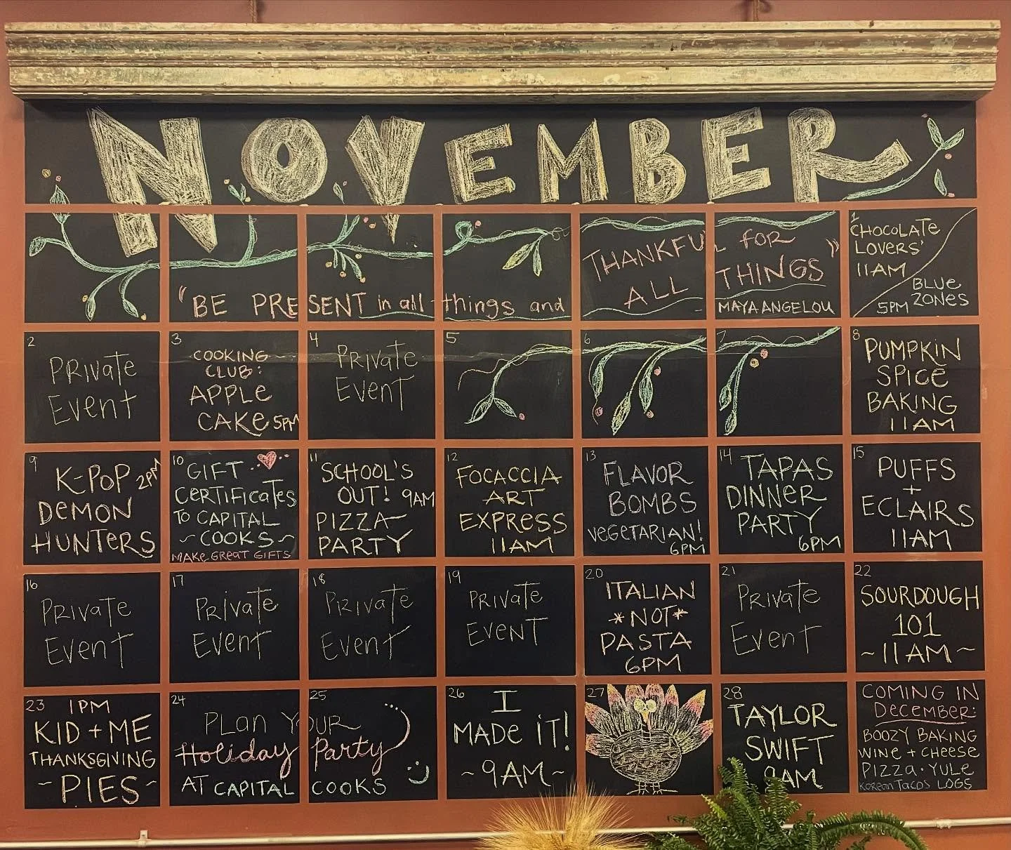 Hello, November! 🍂 Our November + December classes are live &mdash; come cook, learn, and have some fun with us!
This week: 👩&zwj;🍳 10/30 @ 6pm &ndash; Korean Harvest Dinner 🍫 11/1 @ 11am &ndash; Chocolate Lovers&rsquo; Workshop 💙 11/1 @ 5pm &nd