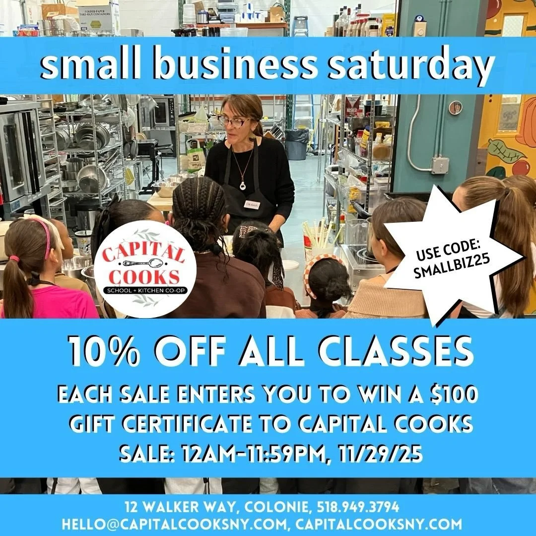 🎉👏🏻Celebrate Small Business Saturday! 🙌🏼❤️ Enjoy 10% off any class purchase on Saturday, November 29, from 12AM&ndash;11:59PM. Plus, every purchase enters you to win a $100 gift certificate!
Support local, learn something delicious, and treat yo