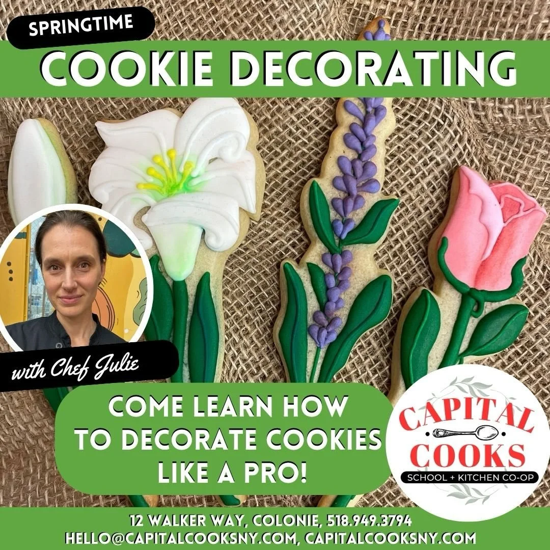 🌷Cookies, Cookies, Cookies!🌼
Join us on Sunday, April 12th, for a masterclass in cookie decorating! Chef Julie will be sharing all of her best secrets, including these and more: 
✅ Making &amp; using Royal Icing 
✅ The secret to perfect consistency