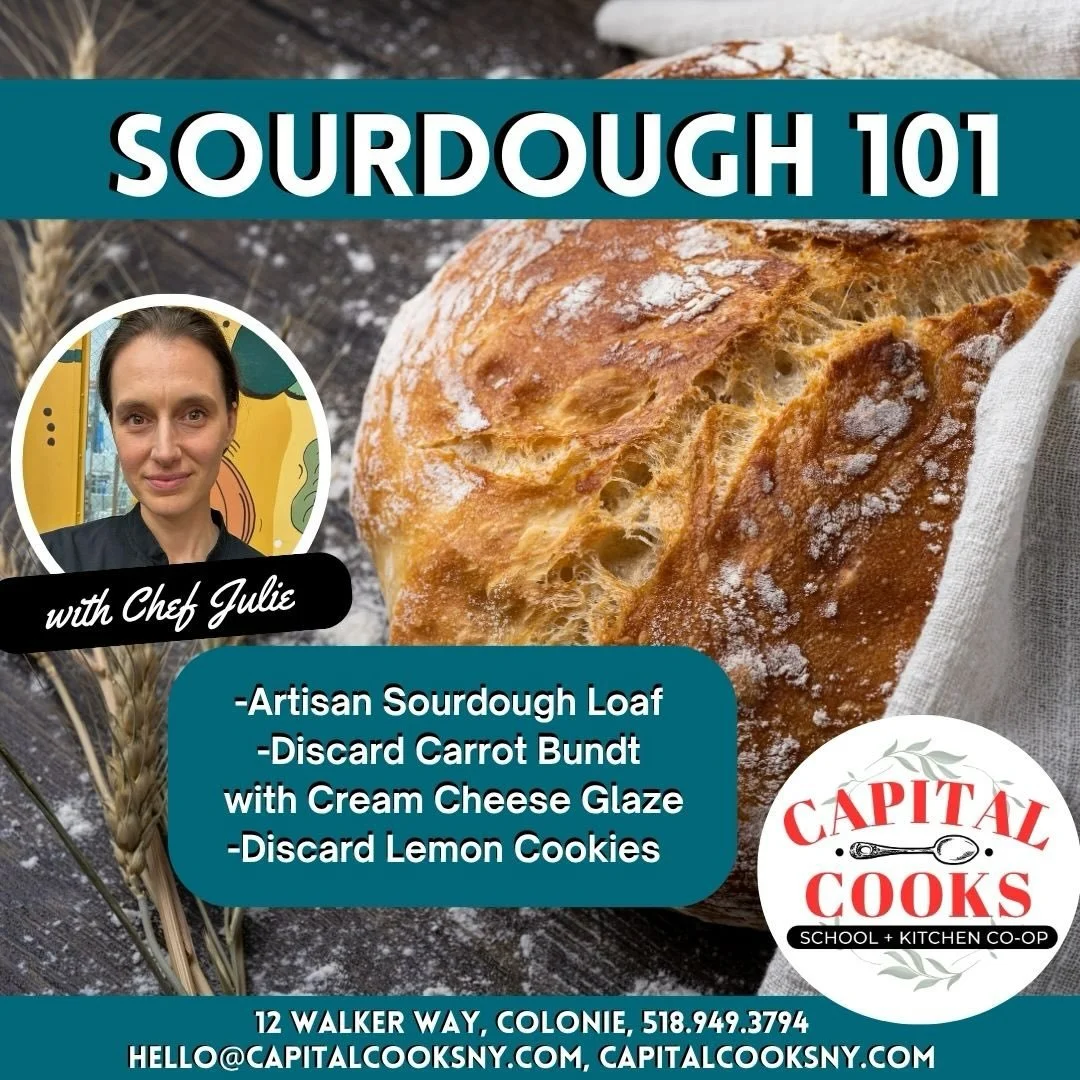 It&rsquo;s time! Sourdough 101 is back! 🥖💓☀️
Come learn all the tips, tricks, secrets, ins + outs of sourdough baking with Chef Julie. You&rsquo;ll leave with your own sourdough starter and the knowledge necessary to start your sourdough journey (p