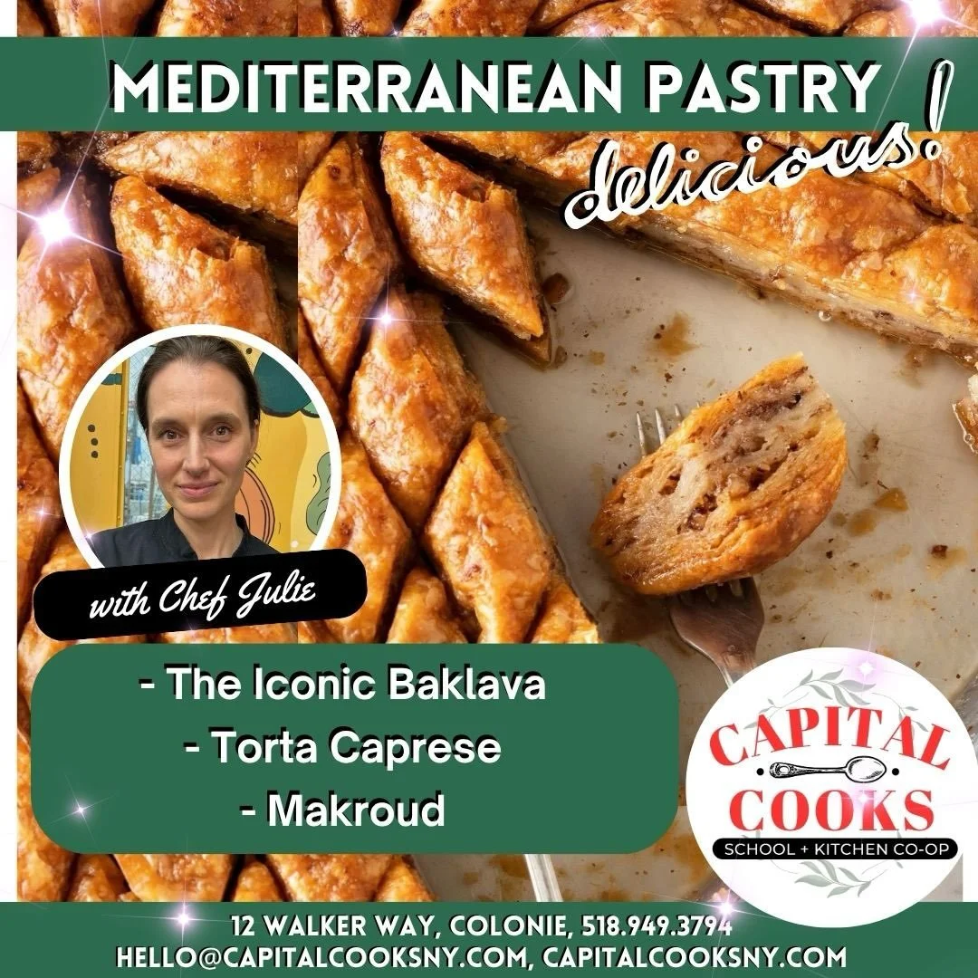 ☔️🌦️ Looks like a PERFECT weekend for baking! Step into our cozy kitchen on a gloomy day for some serious sunshiny vibes. 
☀️ Mastering Mediterranean Pastry
📆 Sunday, 9/27, 1-3:30PM
🎟️ $89 per student 
📌 Menus, details, registration on our websit