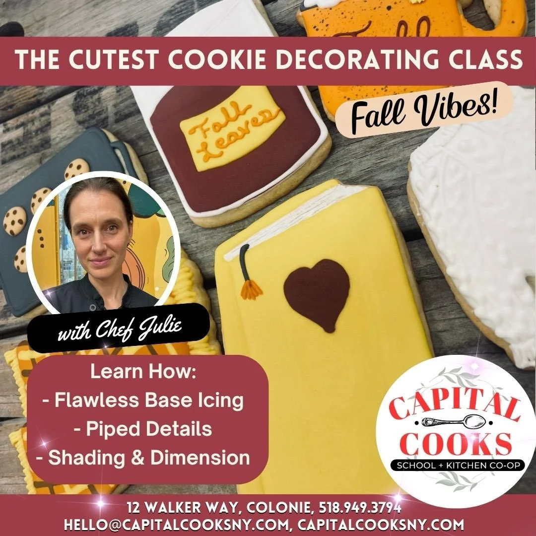 🍁 Serious Fall Vibes 🍁 
Happening here! 🍂✨
Grab a friend (or make one here! 👯&zwj;♀️) and come learn how to decorate cookies like a pro. 🍪🎨 Chef Julie will teach you the ins and outs of royal icing 🧁, all while making the cutest fall cookies y