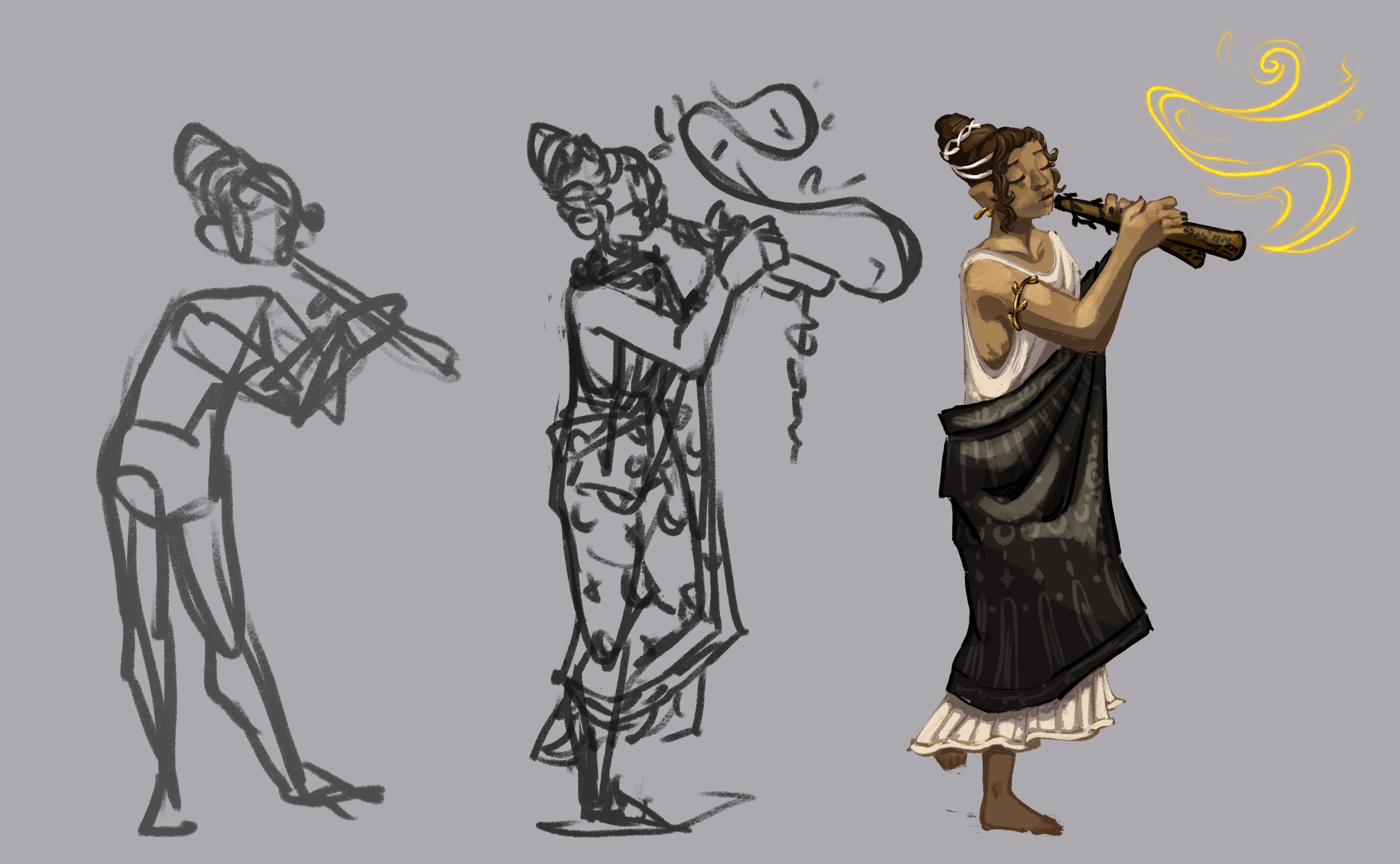 Progression of an artistic depiction of a woman playing a flute, from rough sketch to detailed colored illustration.