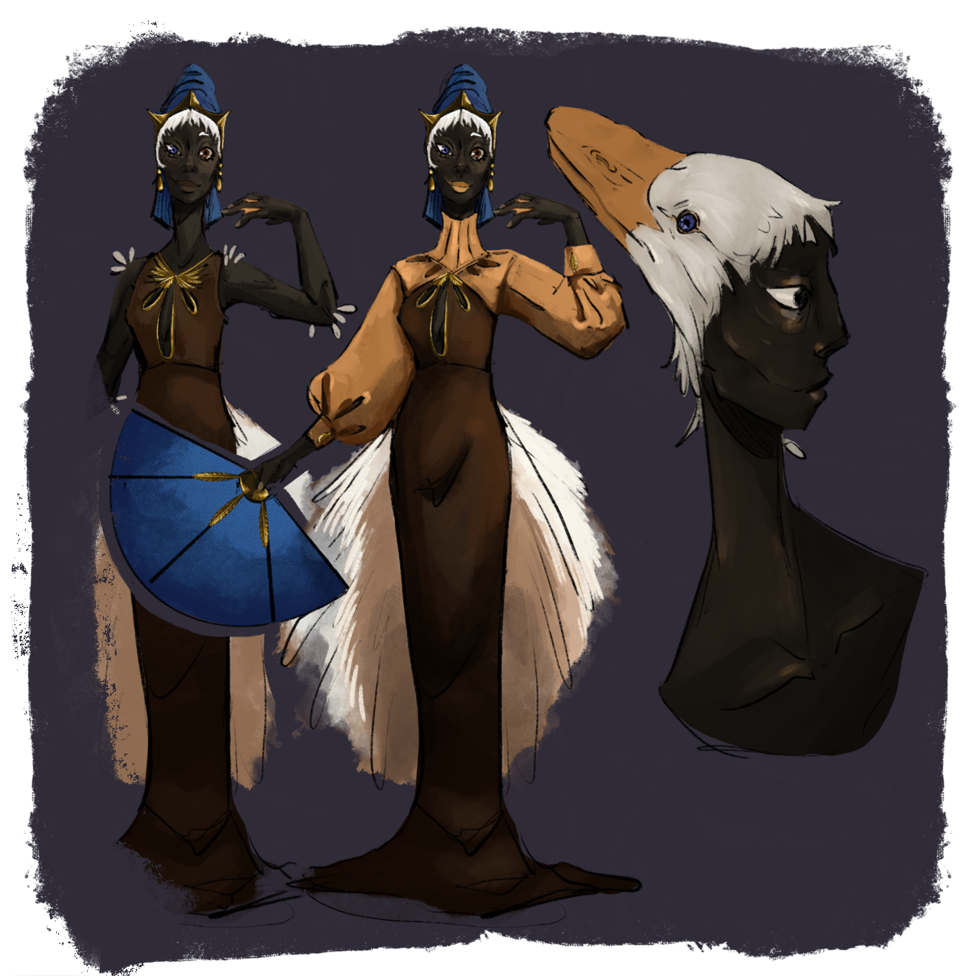 Two humanoid women with dark skin, white hair, and blue eyes in elegant, fantasy-style dresses. The woman on the left holds a blue parasol, and the woman on the right has a fox head accessory, both standing against a dark background.