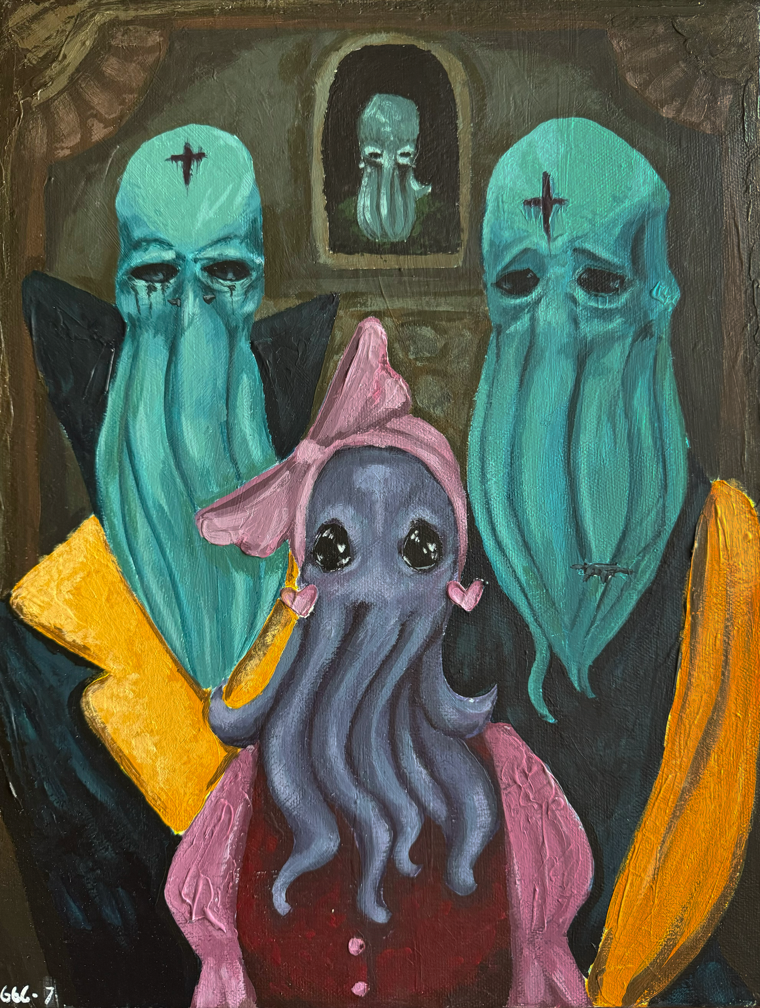 Surreal painting of a girl with large eyes and tentacle hair, wearing a pink hat, holding a pen, flanked by two tall, humanoid figures with teal masks and black crosses on their foreheads, and dark eyes, in a room with dark walls and spiritual portra
