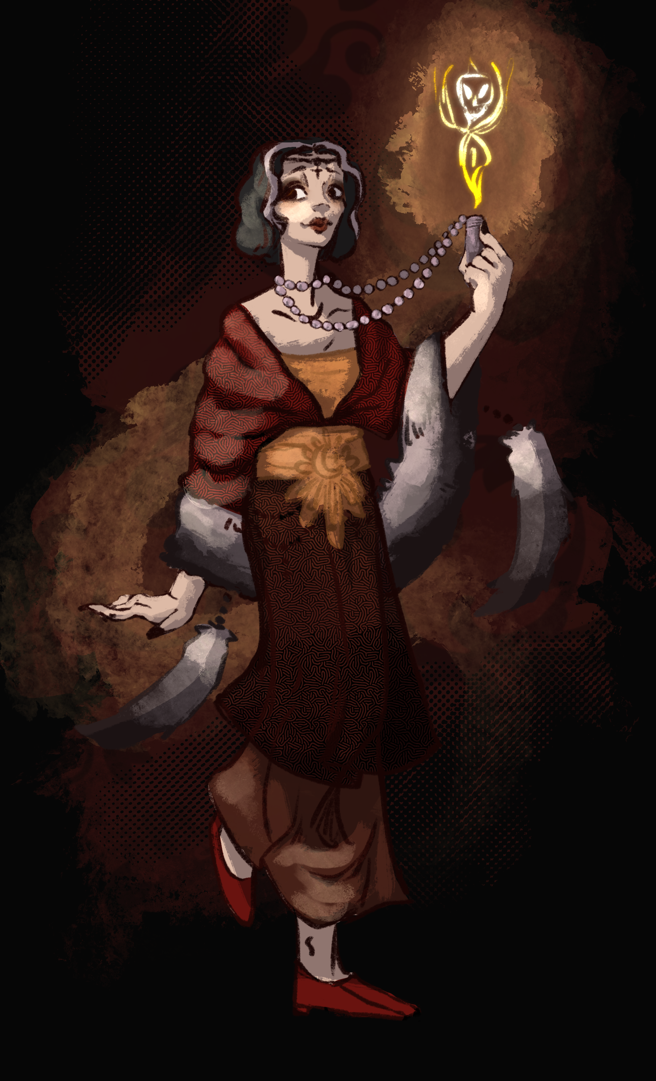 A stylized digital illustration of a woman with short dark hair, wearing a colorful traditional Asian dress with long brown pants and red shoes. She is holding a glowing object above her head, surrounded by fish and glowing symbols, set against a dar