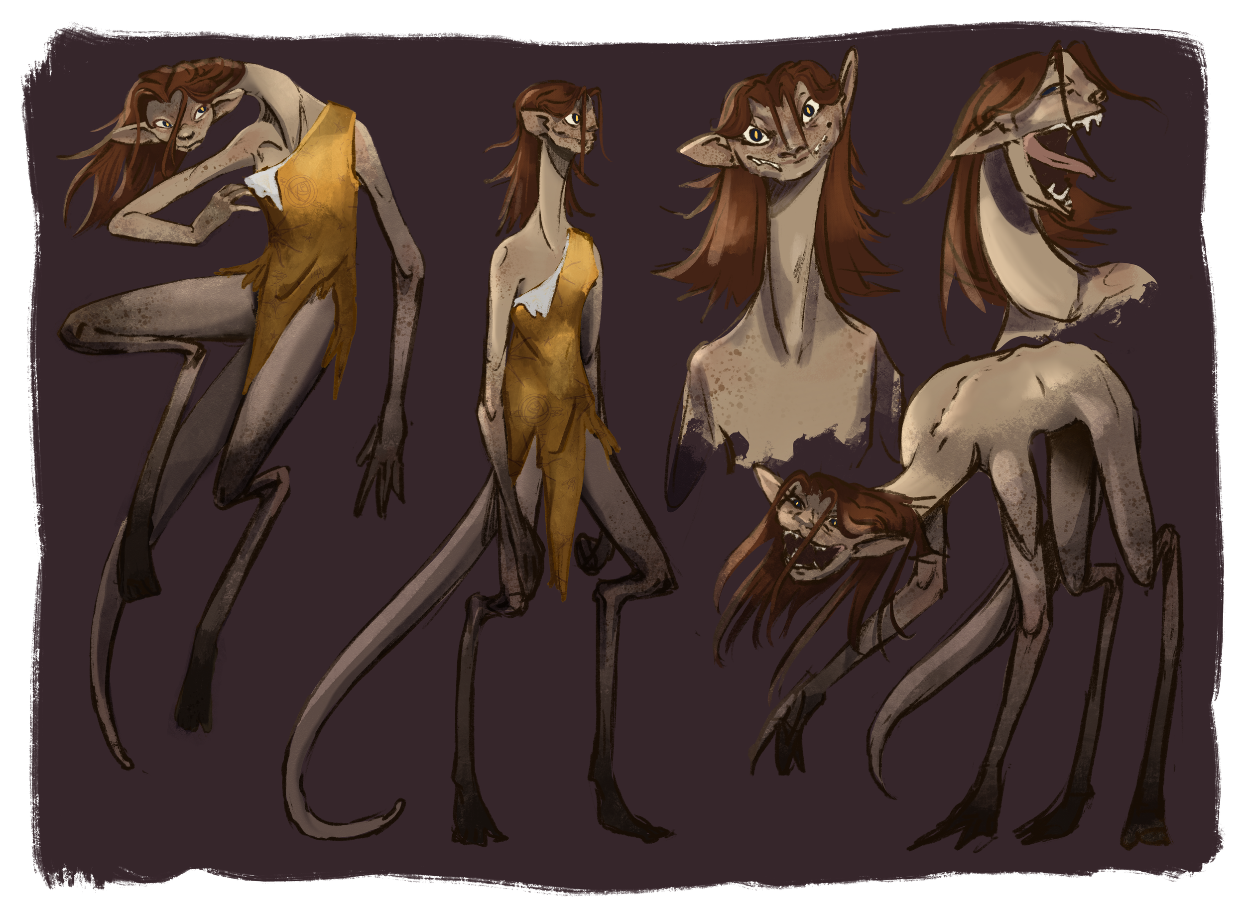 Character sheet of a humanoid creature with feline and reptilian features, long orange hair, and worn yellow clothing, depicted in various poses.