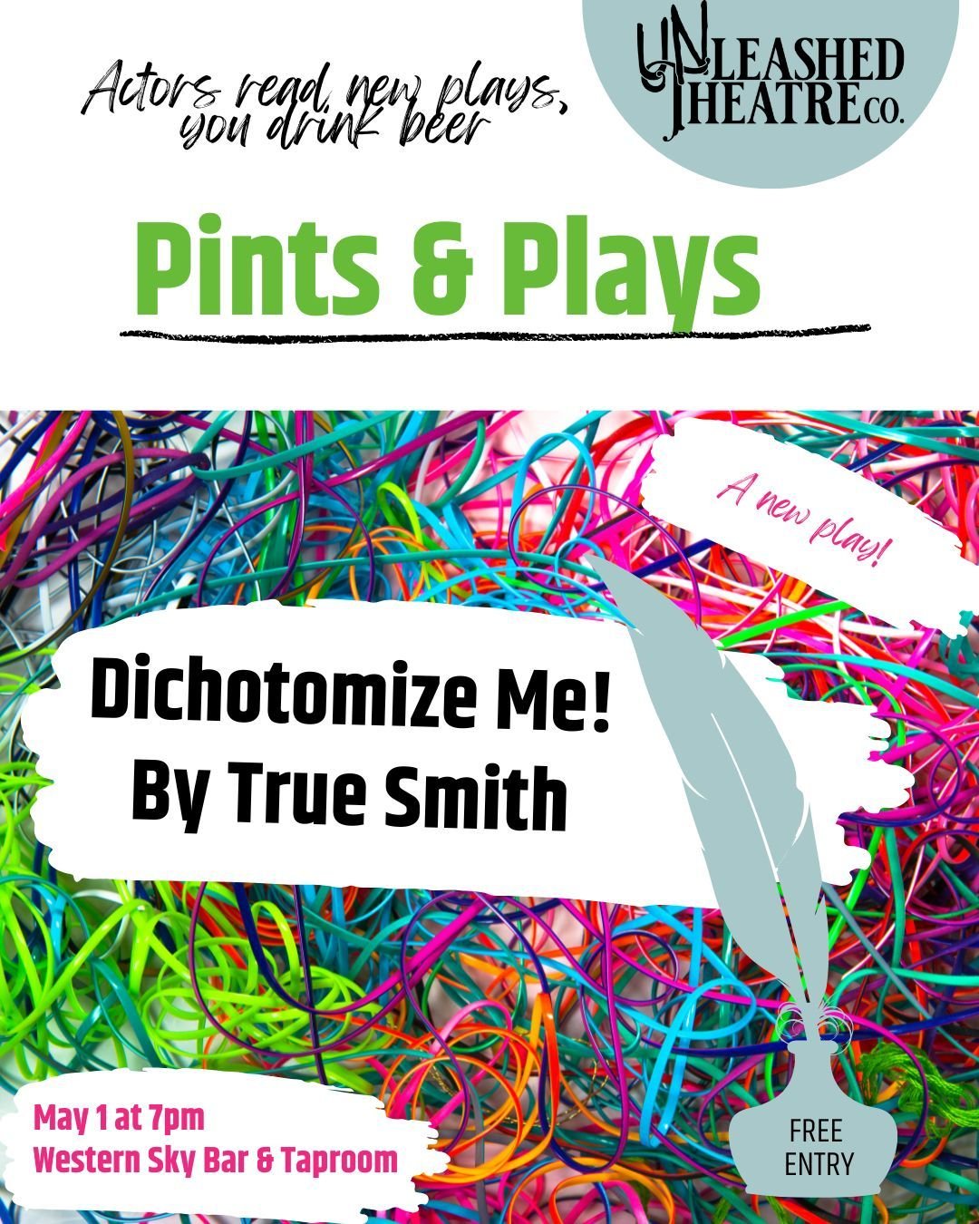 Join us on May 1 for a reading of this cool new play by @truesdirection!
Pints & Play is a FREE monthly offering at Western Sky Bar and Taproom. Actors read the play, you drink the beer. Come and support playwrights and their new works!
Read