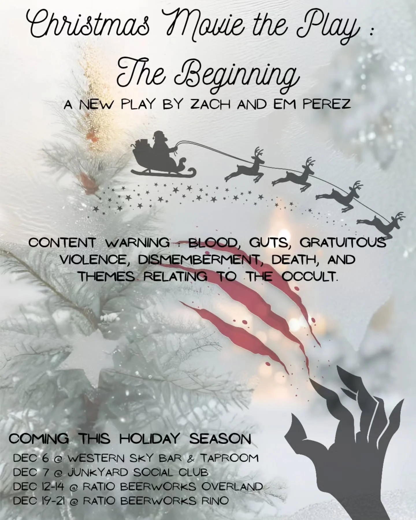 UnLeashed Theatre Co presents the world premiere of a new play. Come see the romance turned horror, written by husband-and-wife duo Zach &amp; Em Perez. This show runs December 6th &ndash; 21st at bars and breweries near you!

When big-city girl Delp