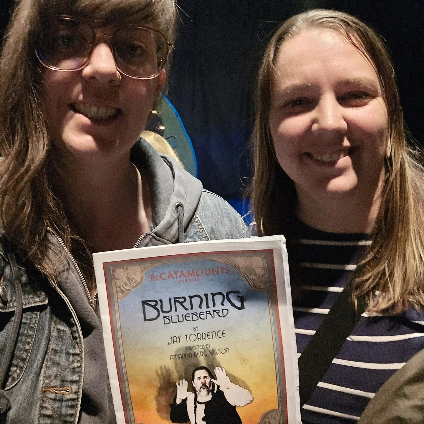 Ok, the lighting on our faces is bad, but the lighting in the show was excellent. 

Congrats to the cast and crew of Burning Bluebird at @thecatamounts ! Some really stunning moments and movement and we loved watching it. Playing through Feb 21!