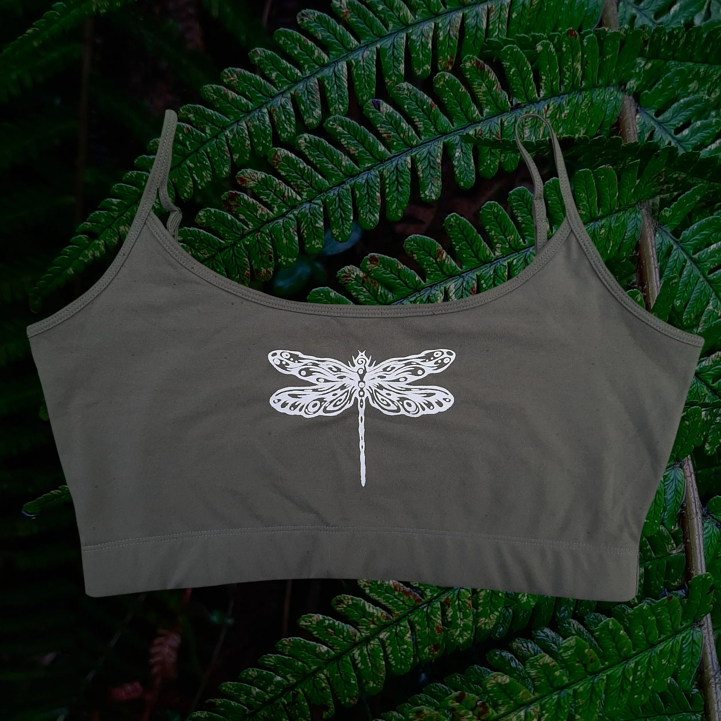 'Dragonfly Swirly' Crop Top Khaki Green