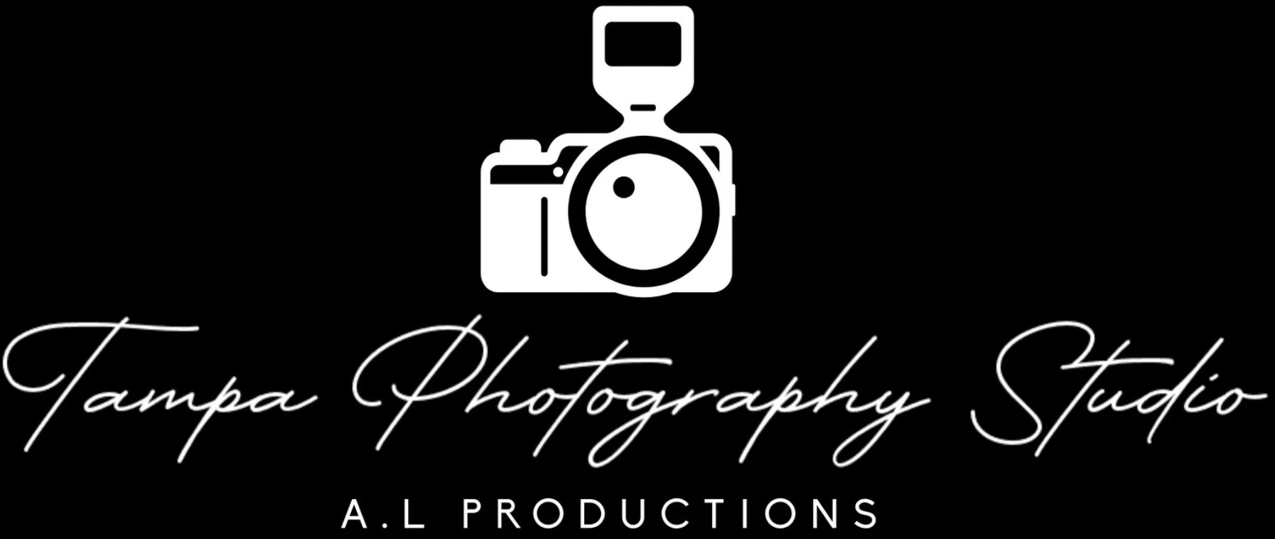 Black background with a white camera icon above the text 'Tampa Photography Studio' in cursive font, and 'A.L Productions' in smaller uppercase font below.