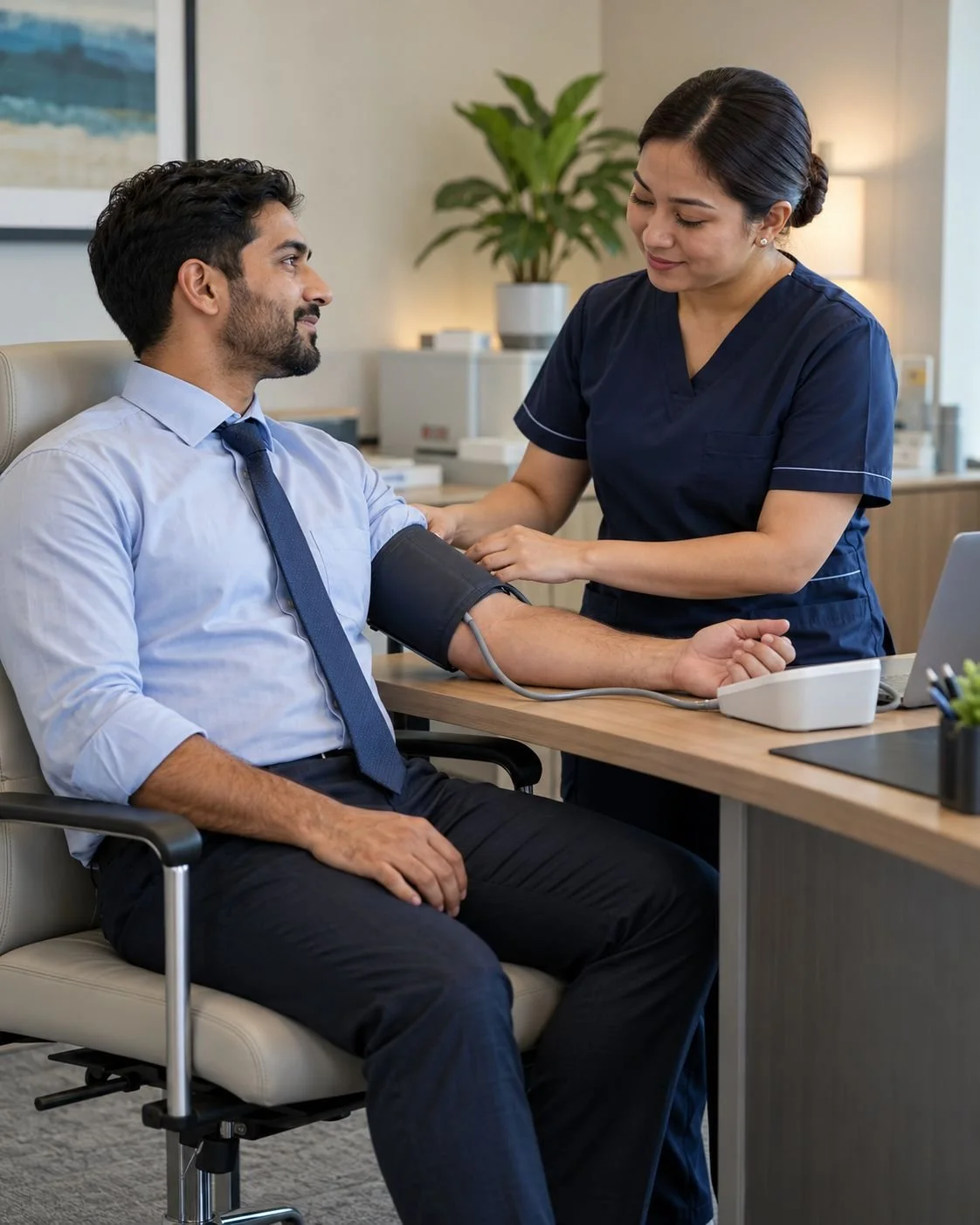 Occupational health nurse checking an employee's blood pressure at a workplace health check