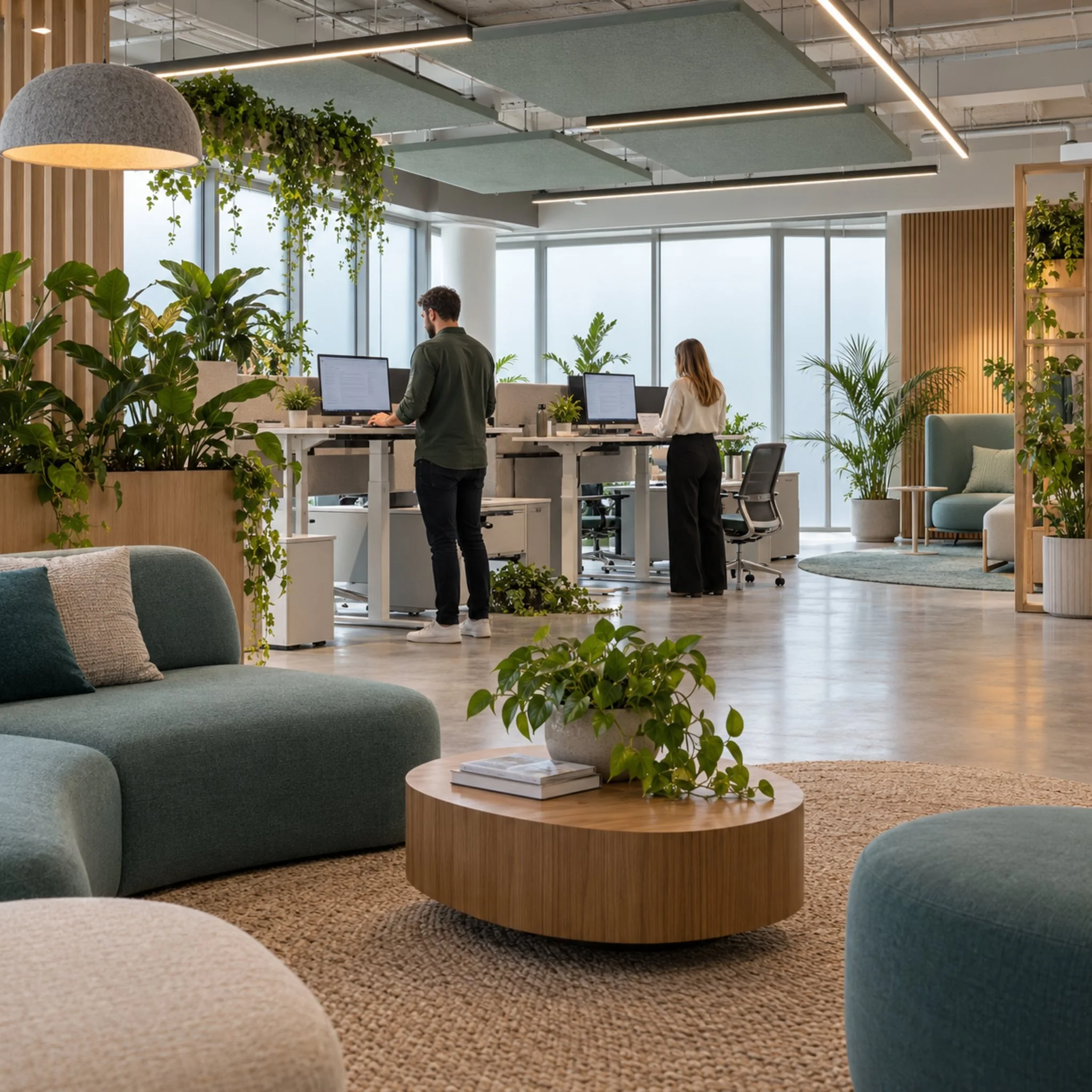 Healthy open-plan office with standing desks, plants and soft seating
