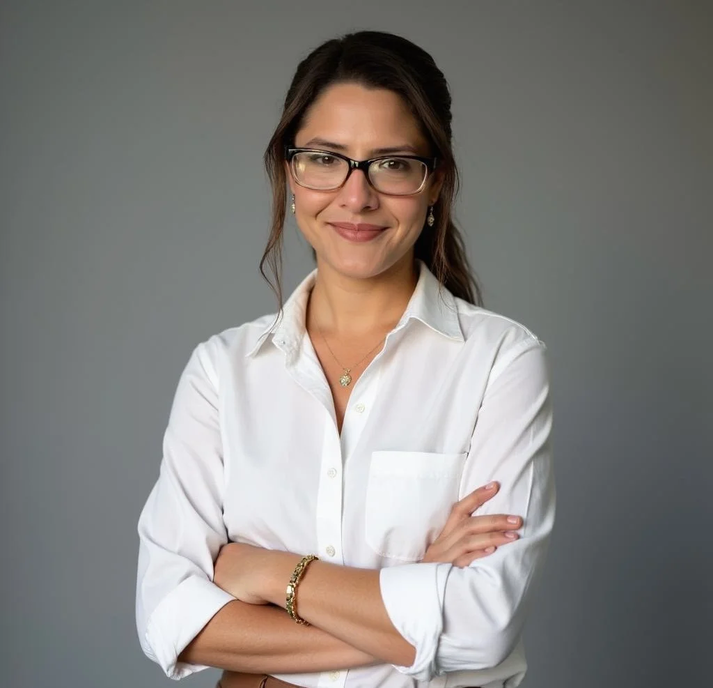 A professional woman with glasses, dark brown hair, wearing a white button-up shirt and jewelry, smiling with arms crossed against a gray background.