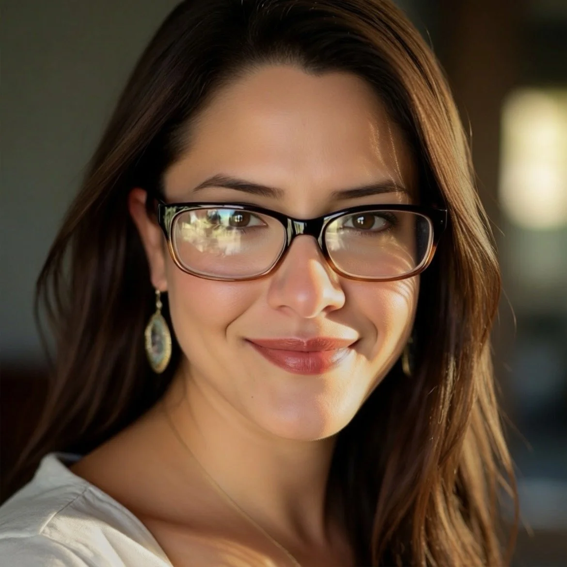 Close-up of a woman with long brown hair, wearing glasses, and earrings, smiling indoors.