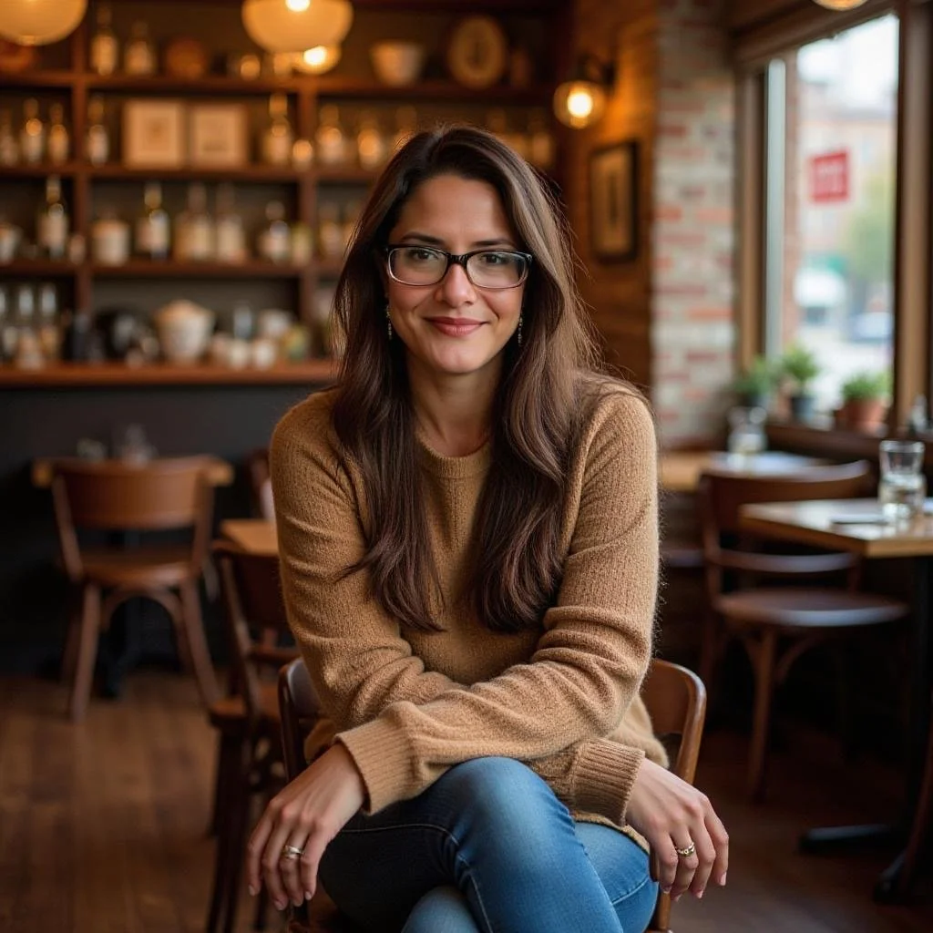 A woman with long brown hair and glasses smiling while sitting in a cozy restaurant. She wears a tan sweater and jeans, with a warm, inviting background of wooden shelves, tables, and large windows.