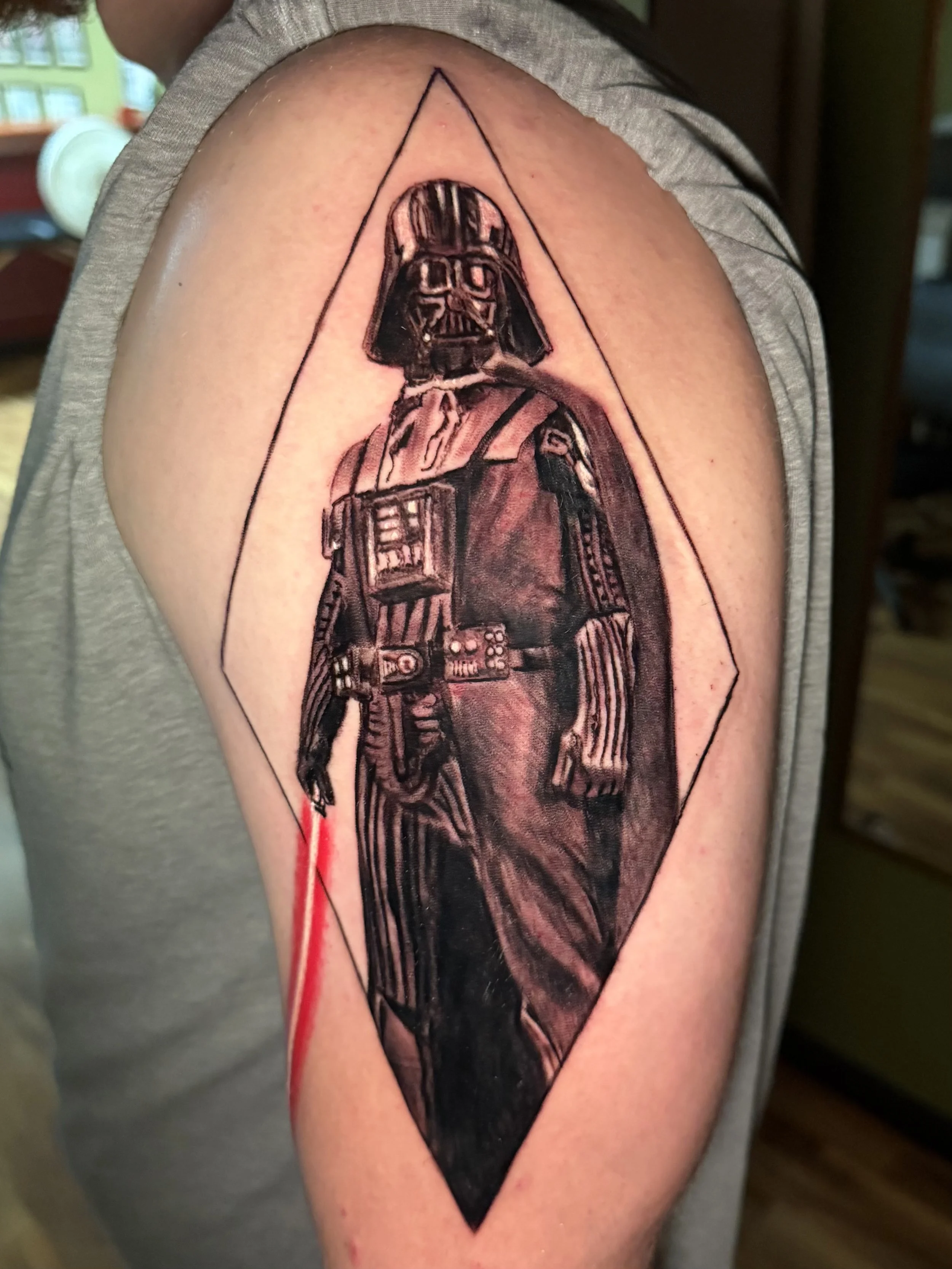 Black and Gray Darth Vader Realism Tattoo done by Tattoo Artist Shred. realism tattoo, micro-realism tattoo, chicago tattoo artist, chicago tattoo shop